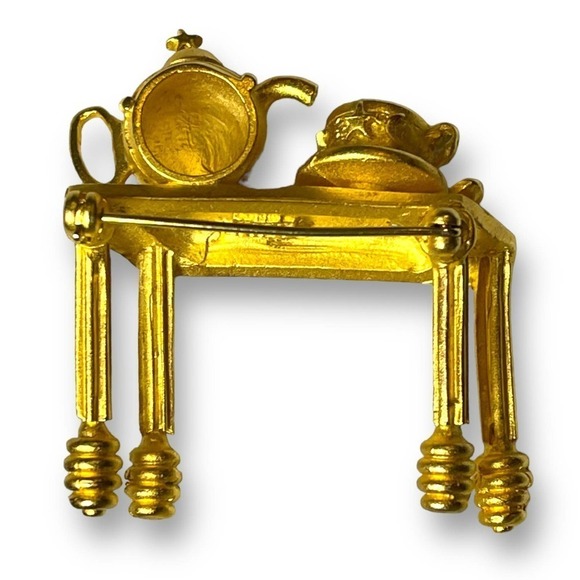 Vintage Leslie Block Gold Tone Brooch Pin Tea Set Table Whimsical Kitschy Signed - Picture 3 of 10